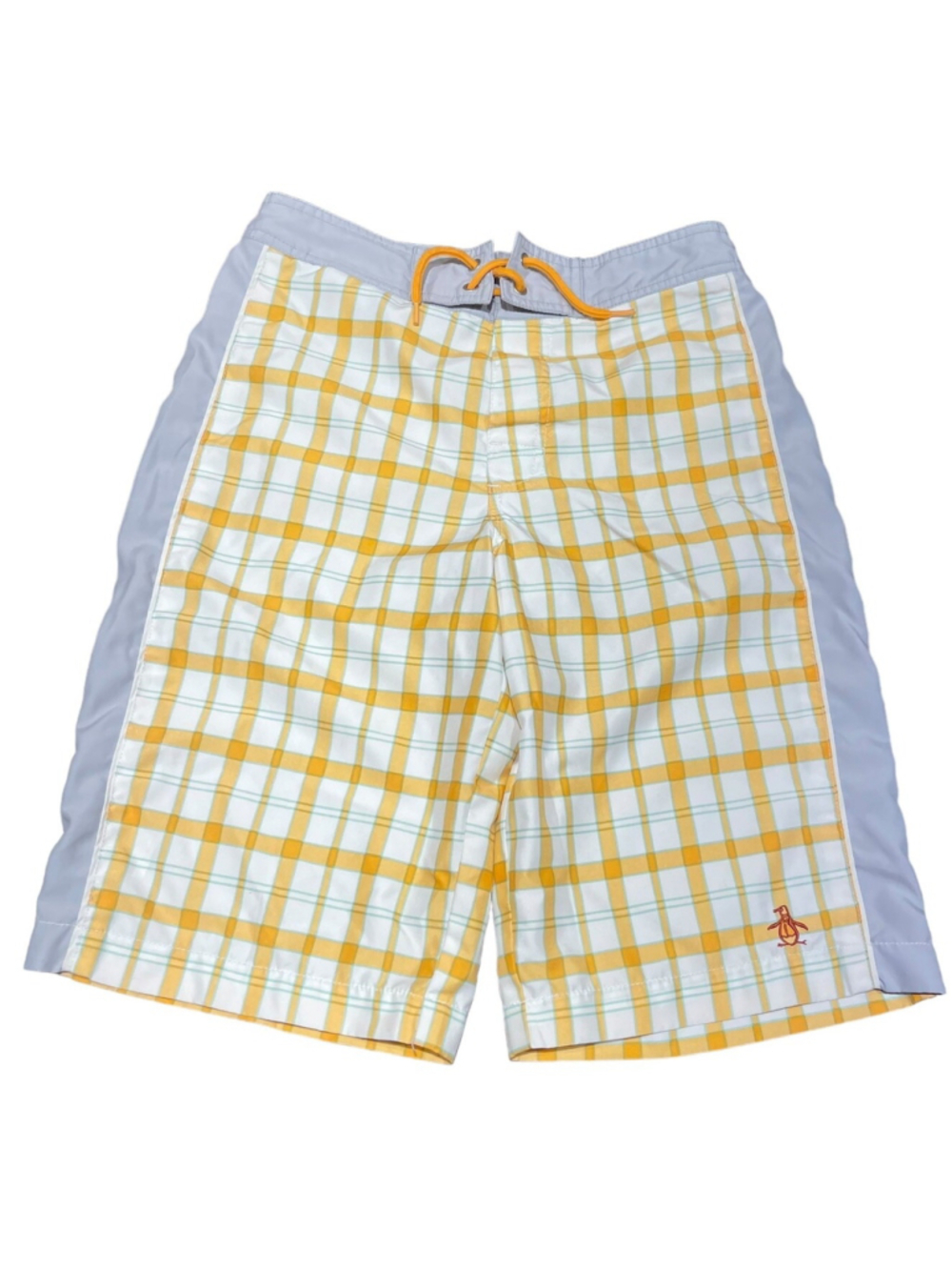 Original Penguin Boys Plaid Swim Trunksβ Board Shorts Gray Yellow White Sz 10-12
